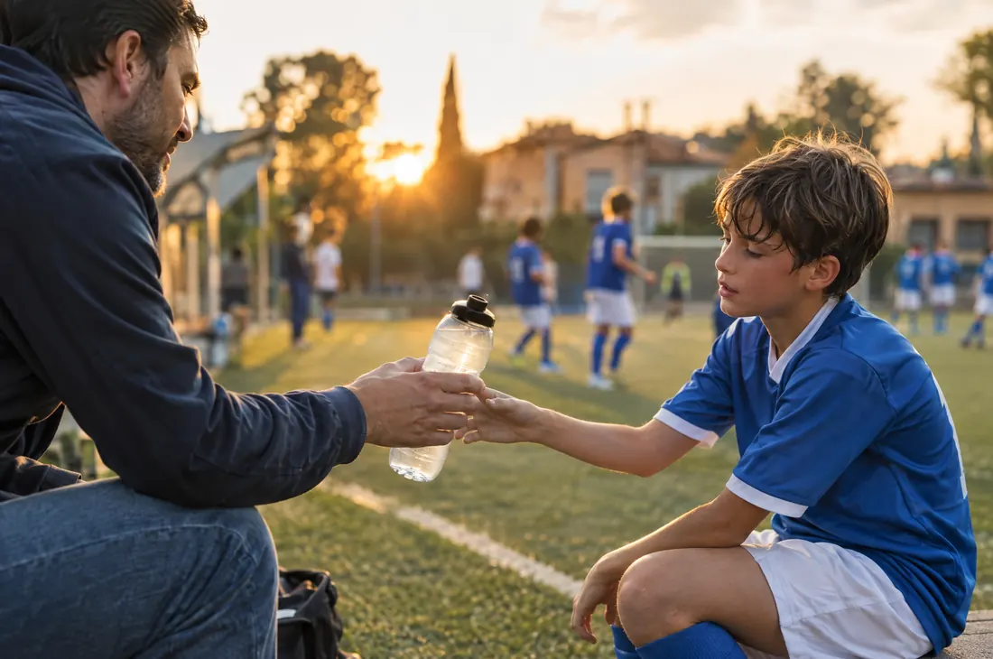 Un padre porge la borraccia al figlio di dieci anni in tenuta da calcio, a bordo campo