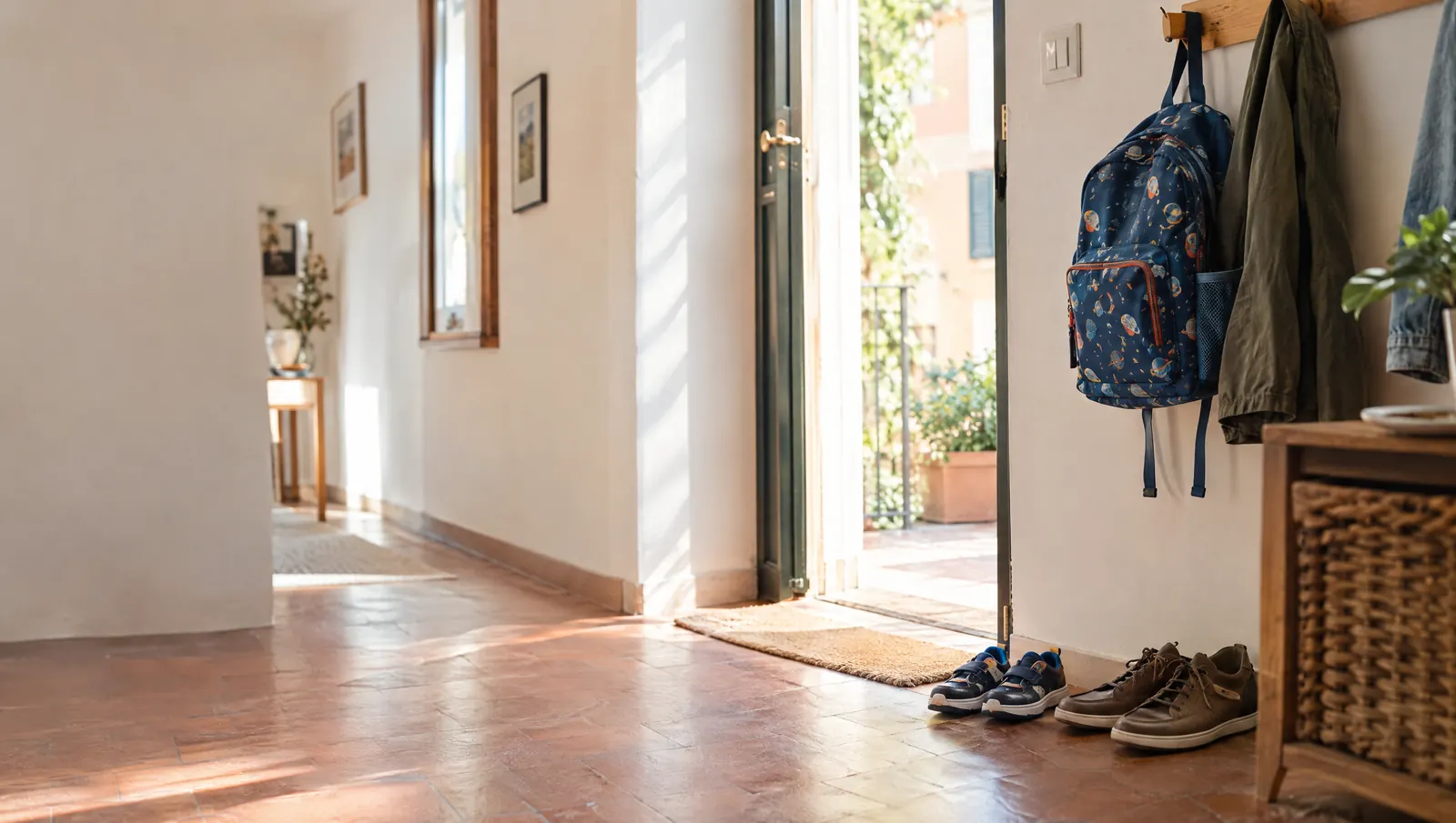 Ingresso di casa illuminato dal sole, con lo zainetto della scuola appeso a un gancio e le scarpe da ginnastica di un bambino accanto a quelle degli adulti
